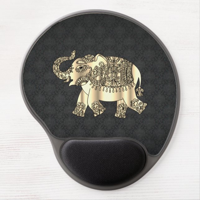 Elegant Gold Paisley Floral Elephant,Black Damask Gel Mouse Pad (Front)