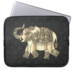 Elegant Gold Paisley Floral Elephant, Black Damask Laptop Sleeve