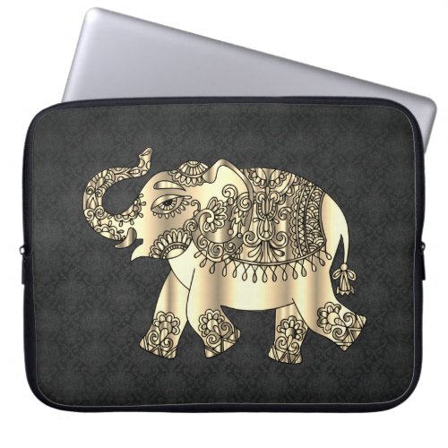 Elegant Gold Paisley Floral Elephant Black Damask Laptop Sleeve