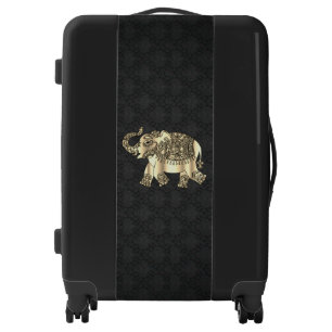 Elegant Gold Paisley Floral Elephant,Black Damask Luggage