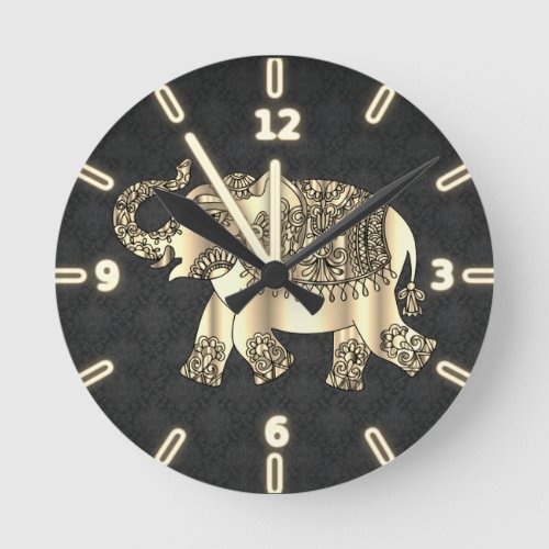 Elegant Gold Paisley Floral ElephantBlack Damask Round Clock