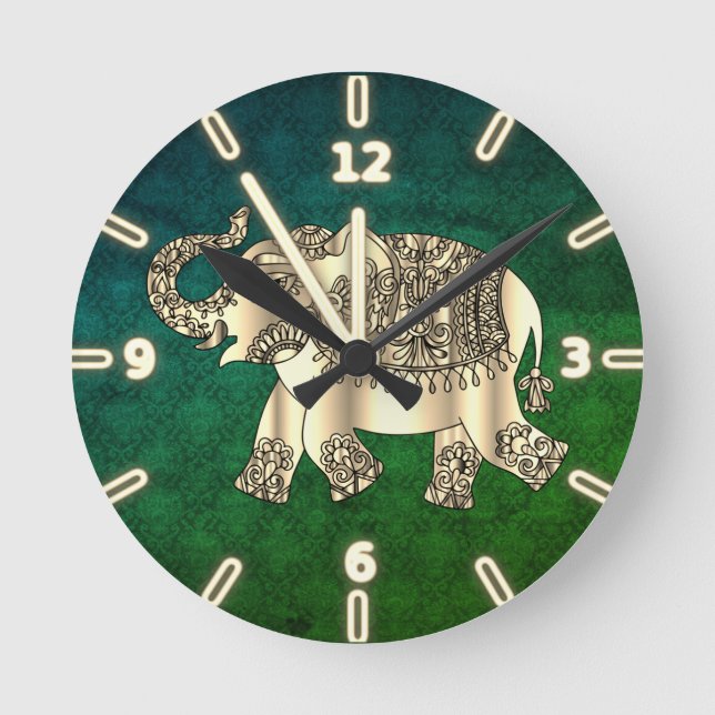 Elegant Gold Paisley Floral Elephant,Green Damask Round Clock (Front)