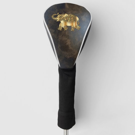 Elegant Gold Paisley Floral Elephant, Leather Look Golf Head Cover