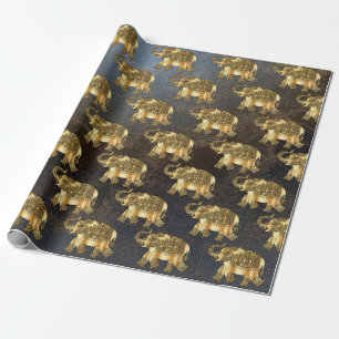 Elegant Gold Paisley Floral Elephant, Leather Look Wrapping Paper