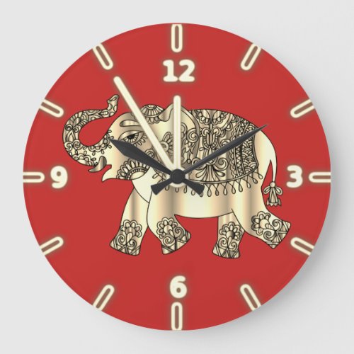 Elegant Gold Paisley Floral Elephant Red Large Clock