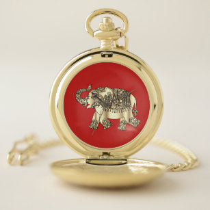 Elegant Gold Paisley Floral Elephant, Red Pocket Watch
