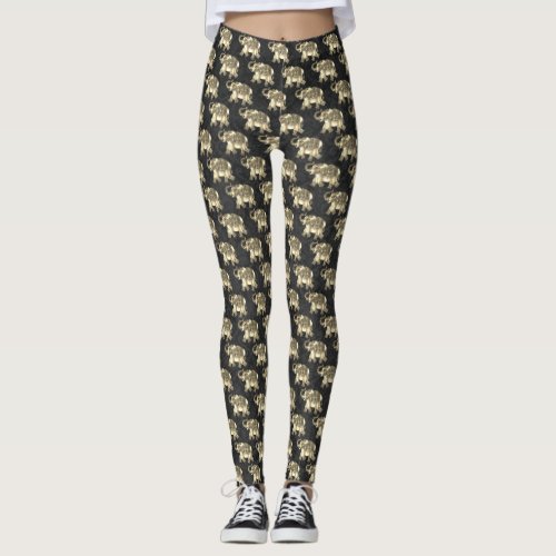 Elegant Gold Paisley Floral ElephantsBlack Damask Leggings