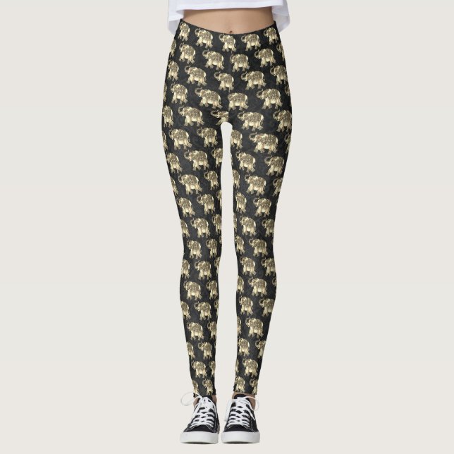Elegant Gold Paisley Floral Elephants,Black Damask Leggings (Front)