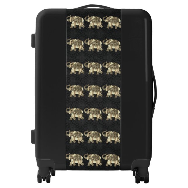 Elegant Gold Paisley Floral Elephants,Black Damask Luggage (Front)