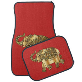 Elegant Gold Paisley Floral Elephants, Red Car Floor Mat
