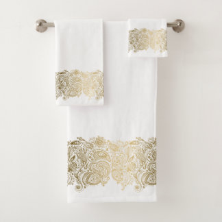 Elegant Gold Paisley Floral Stripe Bath Towel Set