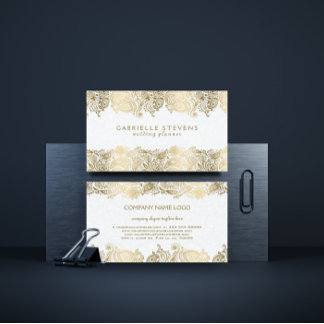 Elegant gold paisley on white wedding planner business card