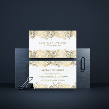Elegant Gold Paisley On White Wedding Planner Business Card by artOnWear at Zazzle