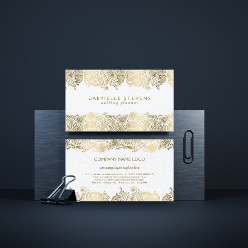 Elegant gold paisley on white wedding planner business card