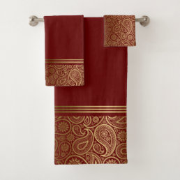 Elegant gold paisley pattern on red bath towel set