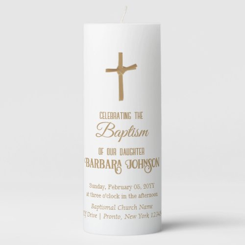 Elegant Gold Palm Cross Personalized Baptism Pillar Candle