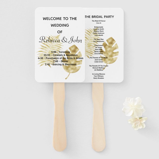 Elegant Gold Palm Leave Wedding Program Hand Fan (Front and Back)