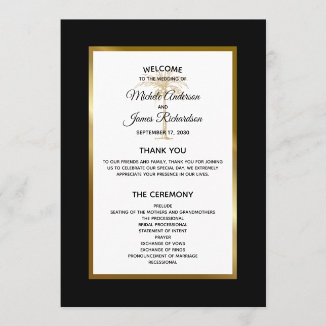 Elegant Gold Palm Tree Modern Tropical Wedding Program (Front)
