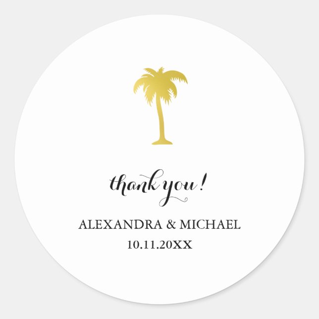 Elegant Gold Palm Tree Thank You Wedding Favor Classic Round Sticker (Front)