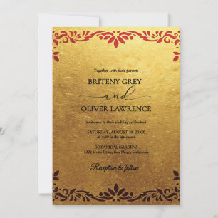 Elegant Gold Papel Picado - Red Floral weeding Invitation
