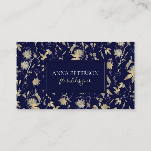 Elegant Gold Passion Flower Vine Dark Navy Blue Business Card