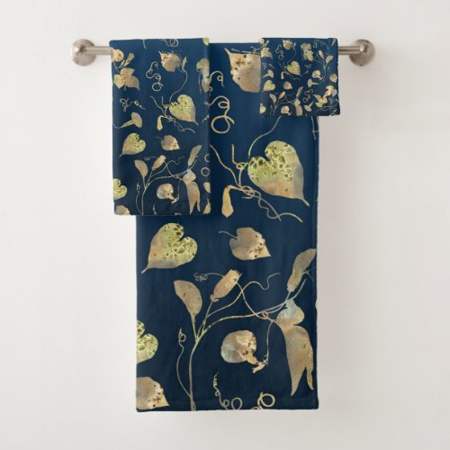 Elegant Gold Passion Flowers Classic Blue Pattern Bath Towel Set