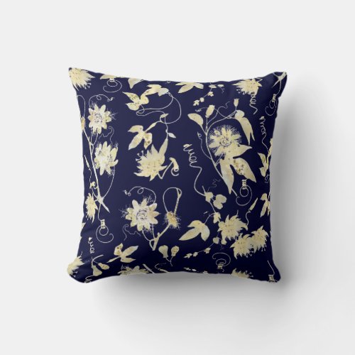 Elegant Gold Passion Flowers on Navy Blue Pattern Throw Pillow