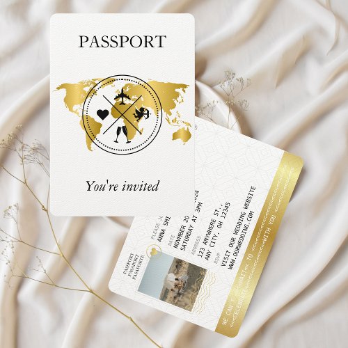 Elegant Gold Passport Destination Wedding Photo Invitation