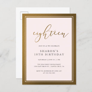 Elegant Gold & Pastel Pink 18th Birthday Party Invitation Postcard