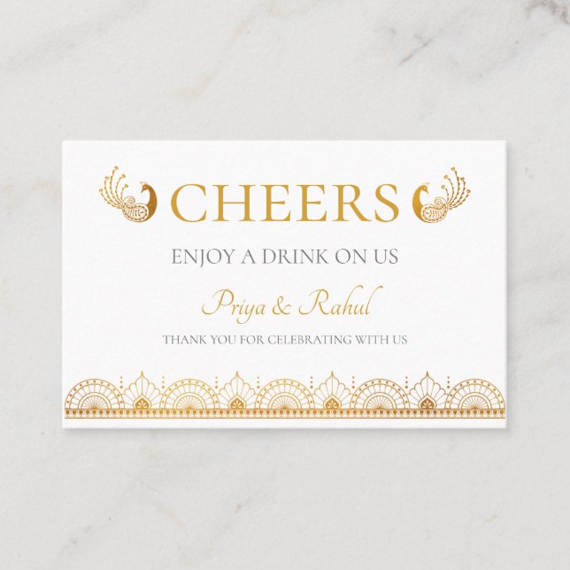 Elegant Gold Pattern Indian Wedding Drink Ticket (Front)