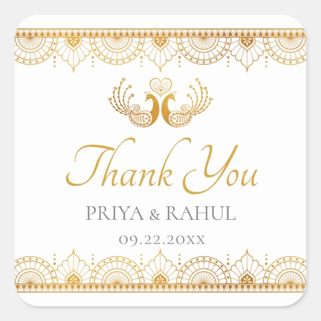 Elegant Gold Pattern Indian Wedding Favor Square Sticker (Front)