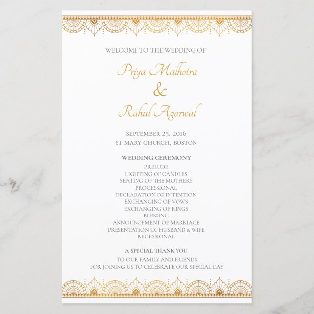 Elegant Gold Pattern Indian Wedding Program (Front)