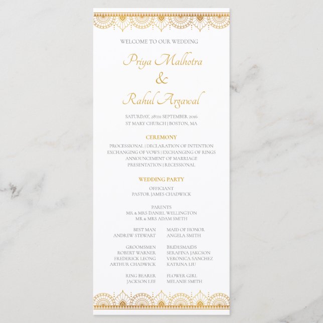 Elegant Gold Pattern Indian Wedding Program (Front)