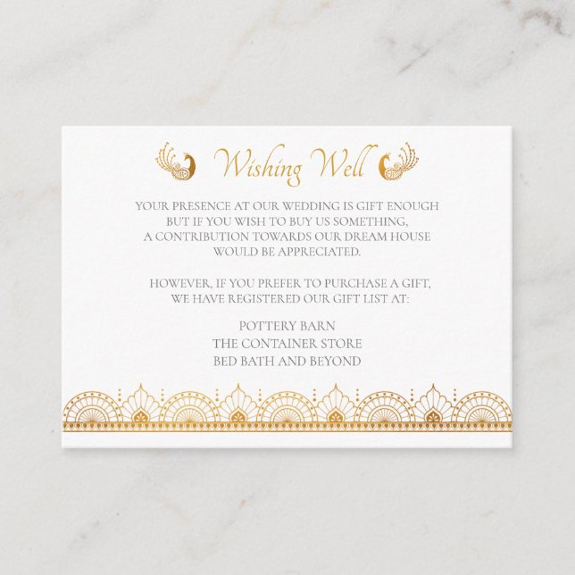 Elegant Gold Pattern Indian Wedding Registry Enclosure Card (Front)