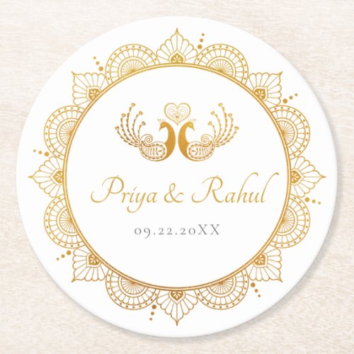 Elegant Gold Pattern Indian Wedding Round Paper Coaster