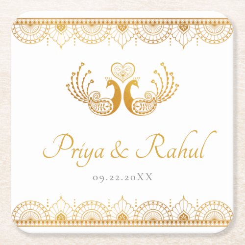 Elegant Gold Pattern Indian Wedding Square Paper Coaster