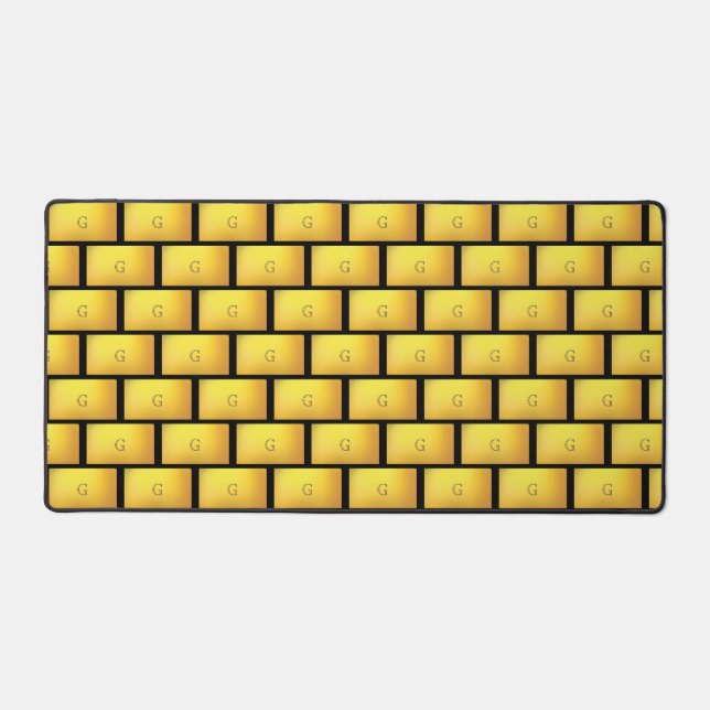 Elegant Gold Pattern & Monogram on Black Desk Mat (Front)