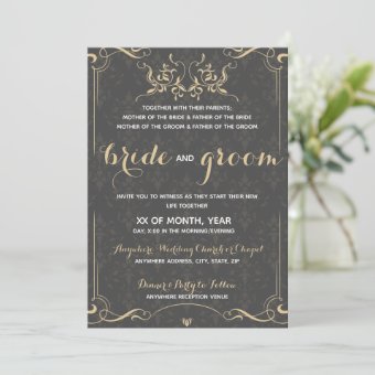 Elegant Gold Patterns in Grey Background Wedding Invitation | Zazzle