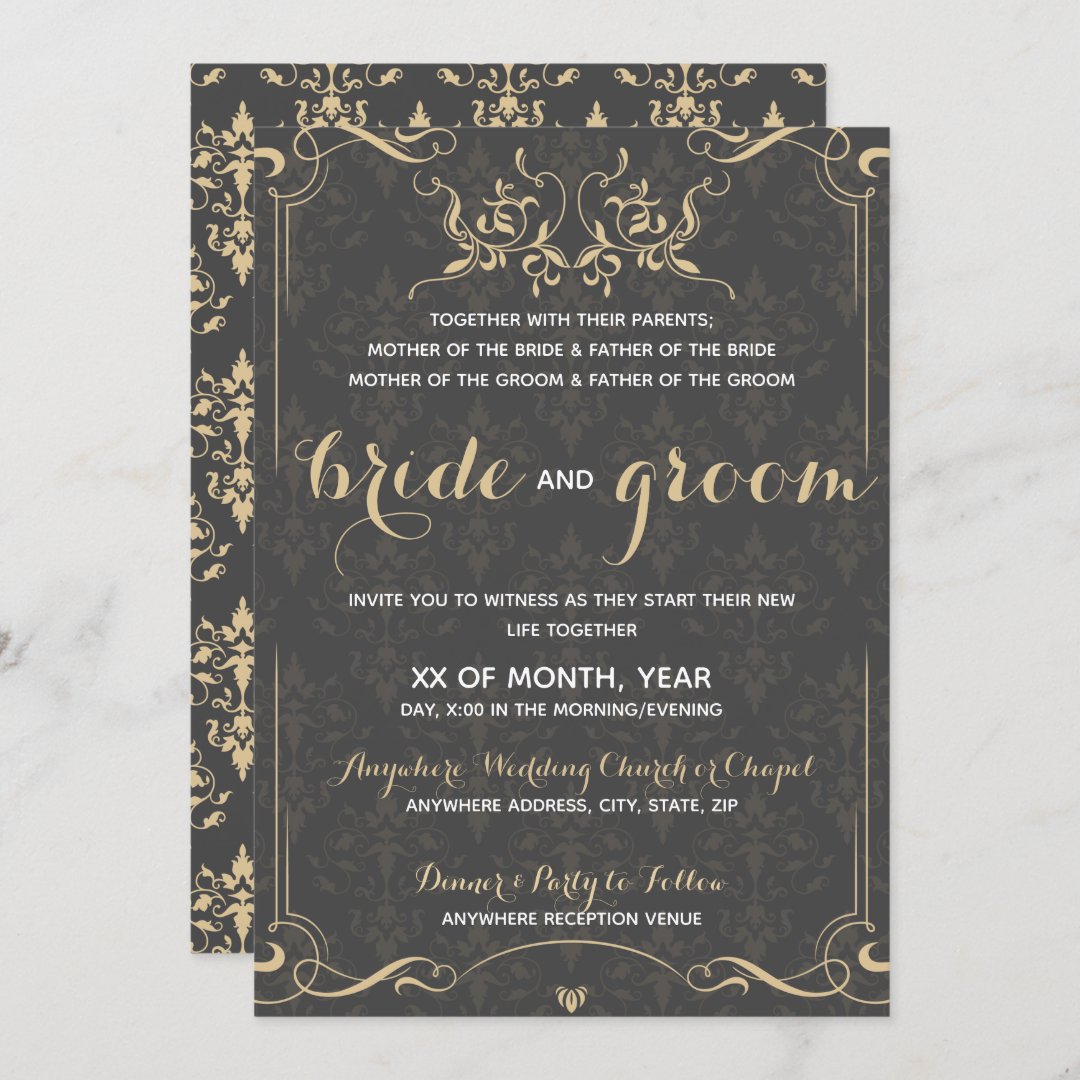 Elegant Gold Patterns In Grey Background Wedding Invitation 