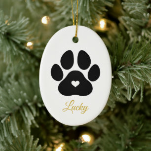 Elegant Gold Paw Print Christmas Dog Photo Name Ceramic Ornament