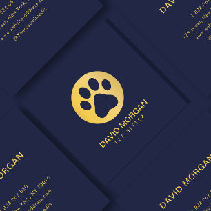 Elegant Gold Paw Print Pet Sitter Navy Blue  Square Business Card