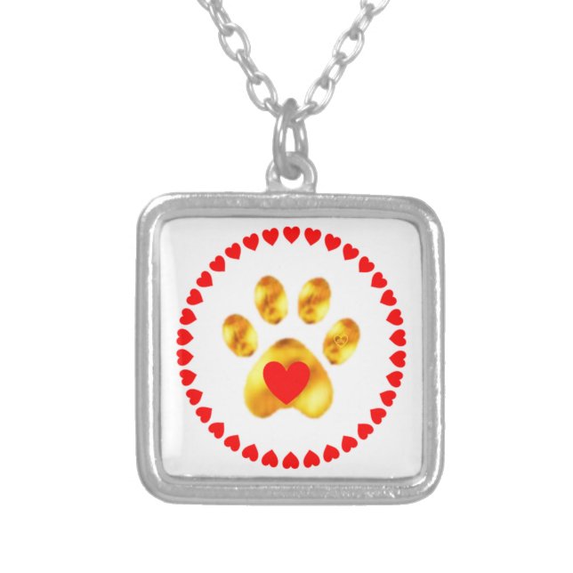 Elegant gold paw & red hearts silver plated necklace (Front)