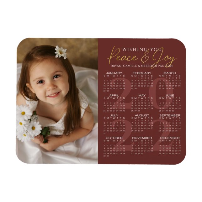 Elegant Gold PEACE and JOY 2022 Calendar Photo Magnet (Horizontal)