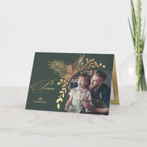 Elegant Gold Peace Calligraphy Botanical Photo Holiday Card