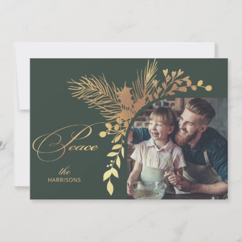 Elegant Gold Peace Calligraphy Botanical Photo Holiday Card