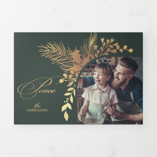 Elegant Gold Peace Calligraphy Botanical Photo Tri_Fold Holiday Card