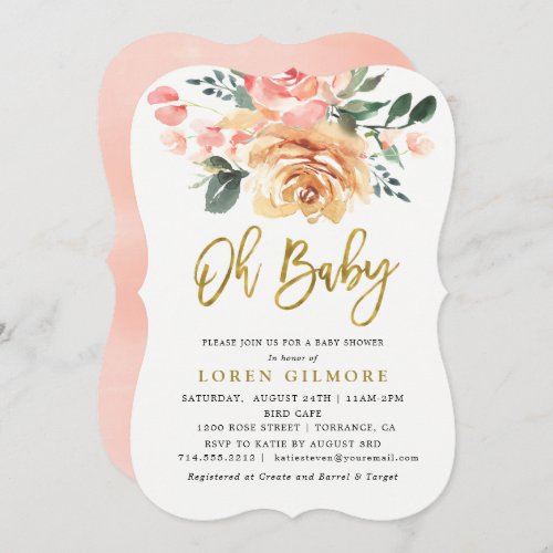 Elegant Gold Peach Floral Baby Shower Invitation
