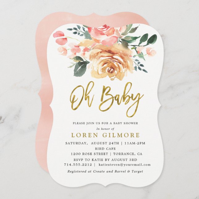 Elegant Gold Peach Floral Baby Shower Invitation (Front/Back)