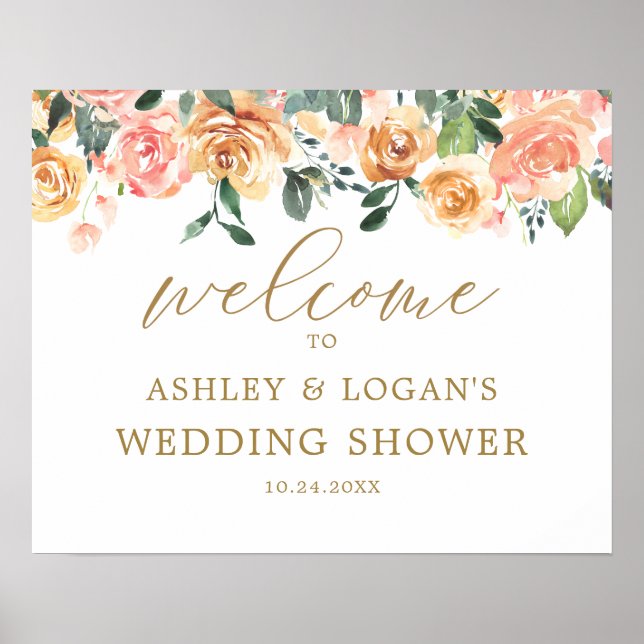 Elegant Gold Peach Floral Wedding Shower Welcome Poster (Front)