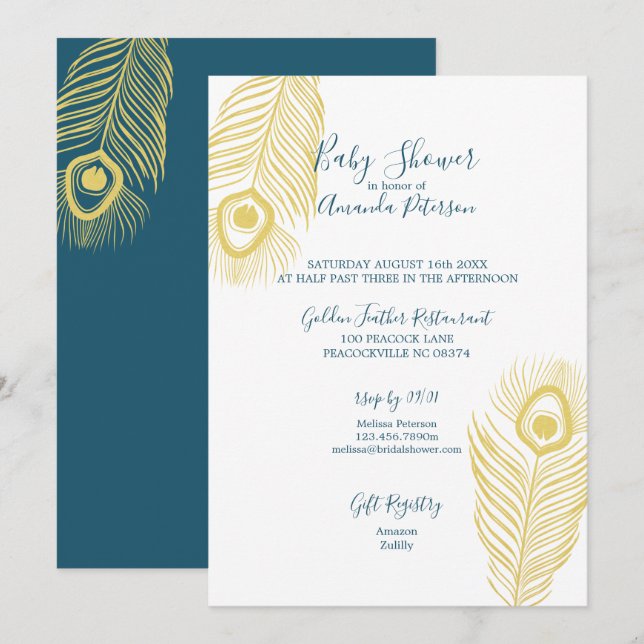 Elegant Gold Peacock Baby Shower Invitations (Front/Back)